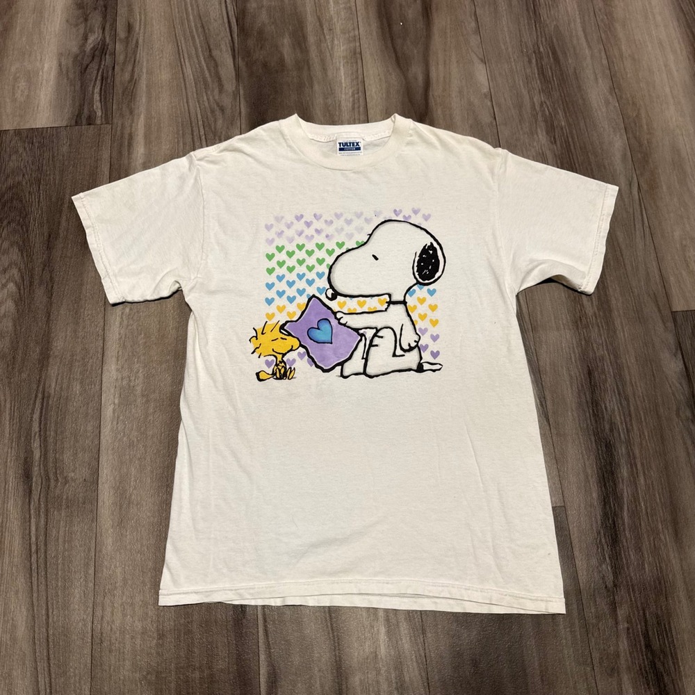 Vintage Tultex Snoopy Woodstock Rainbow Hearts Graphic T-Shirt White Medium